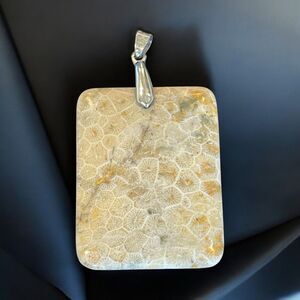 18k White GP Gold Plate Flower Coral Fossil Pendant 1.75" Natural Petoskey Stone